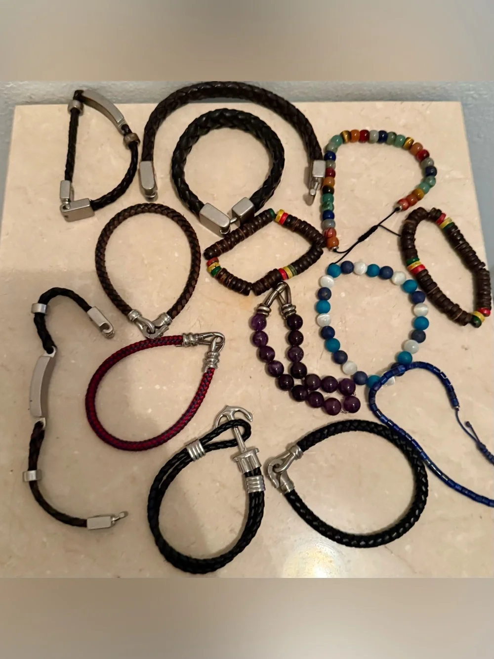 Lot of 14 leather & bead bracelets. Various